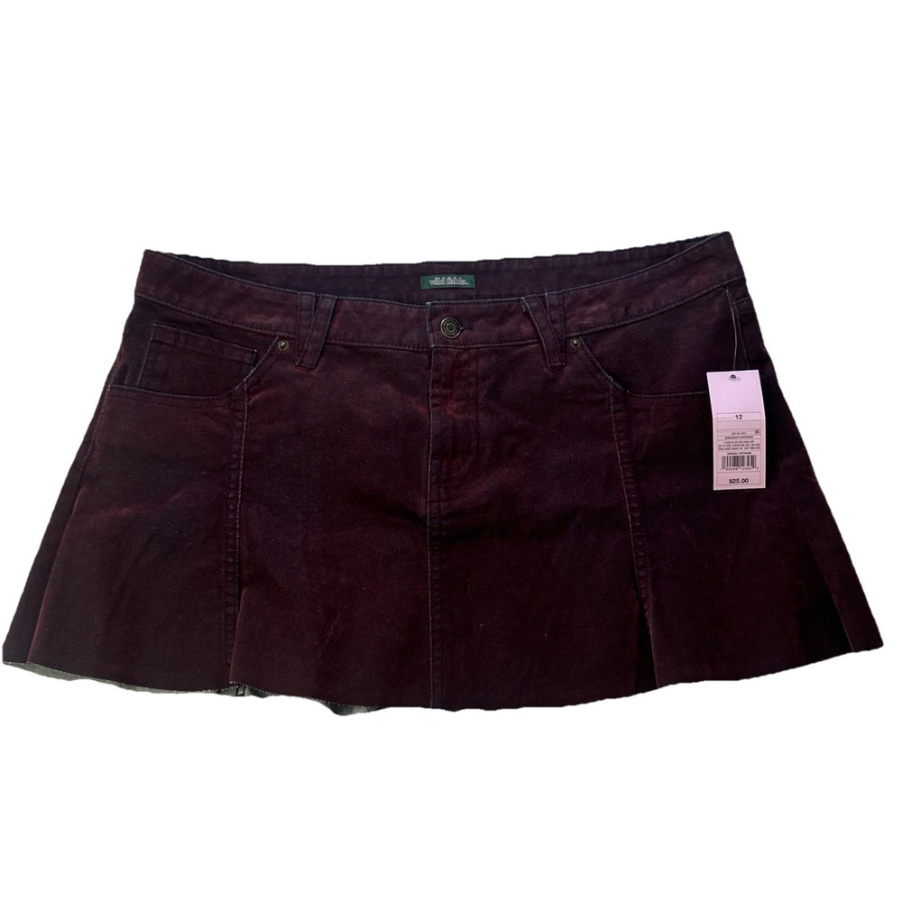 Wild Fable Womens Flare Mini Denim Skirt SZ 12 Burgundy Y2K Festival Raw Hem Red